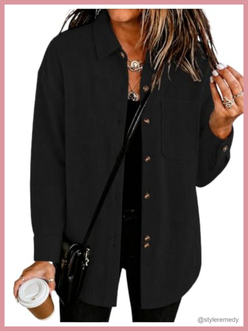 Corduroy Button Down Shirt Oversized Boyfriend Blouse V Neck Long Sleeve Top